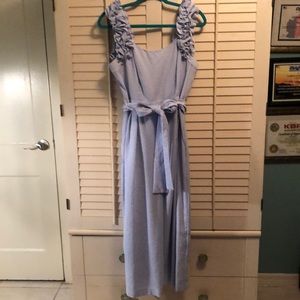 Eliza J seersucker blue-white pinstripe jumpsuit
